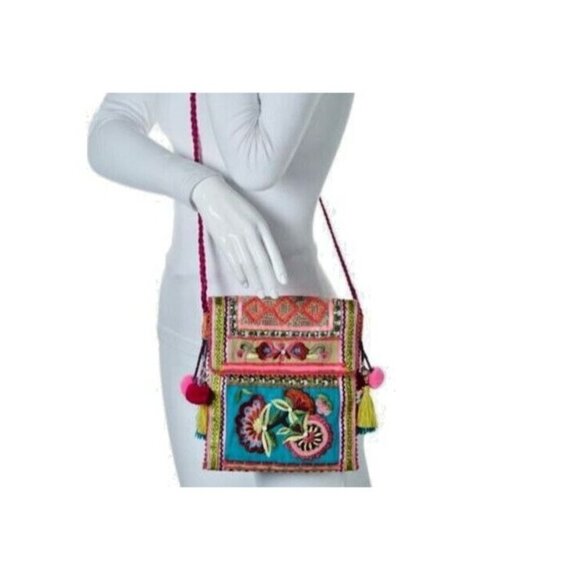 Curations Multi-Color Woven Embroidered Beaded Detail Tassel Pompoms Crossbody - Picture 1 of 5